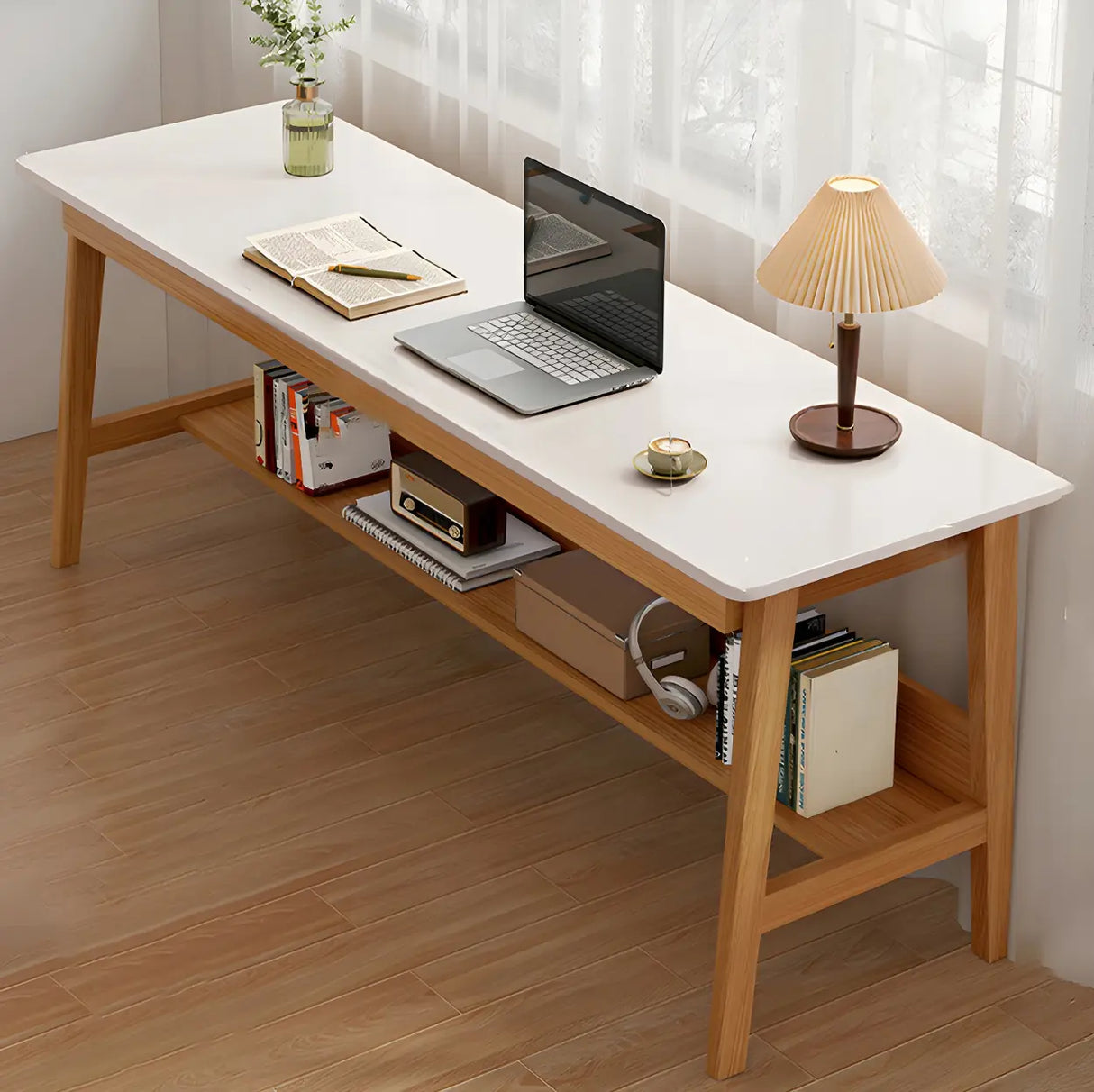 Natural Rubberwood Writing Desk with Exterior Shelf Image - 3
