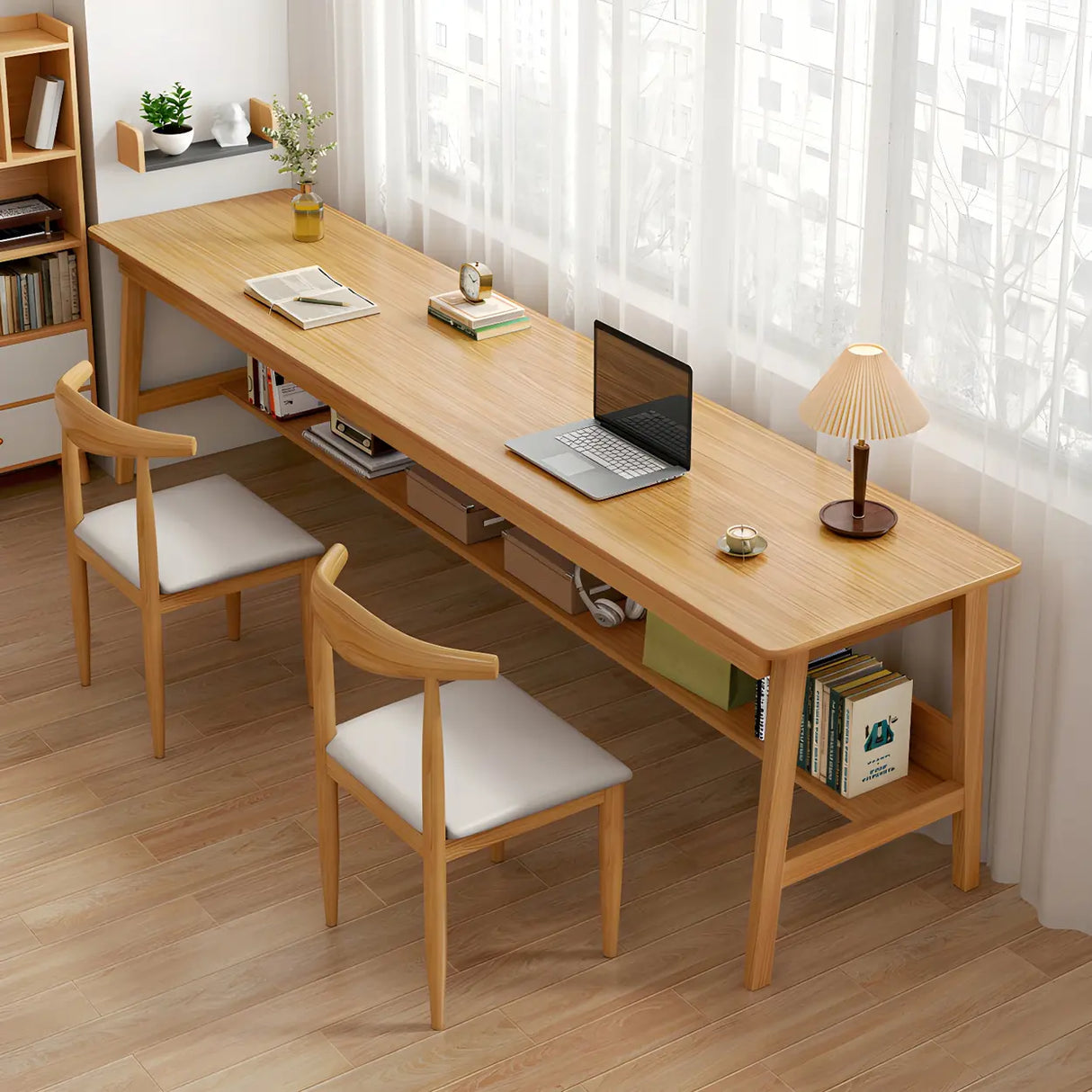 Natural Rubberwood Writing Desk with Exterior Shelf Image - 4