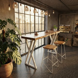 Natural Solid Wood Rectangular Bar Table with White Metal Trestle Base Image - 5