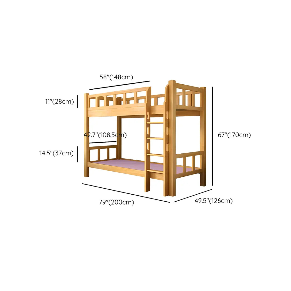 Natural Solid Wood Space-Saving Bunk Bed with Headboard Image - 12