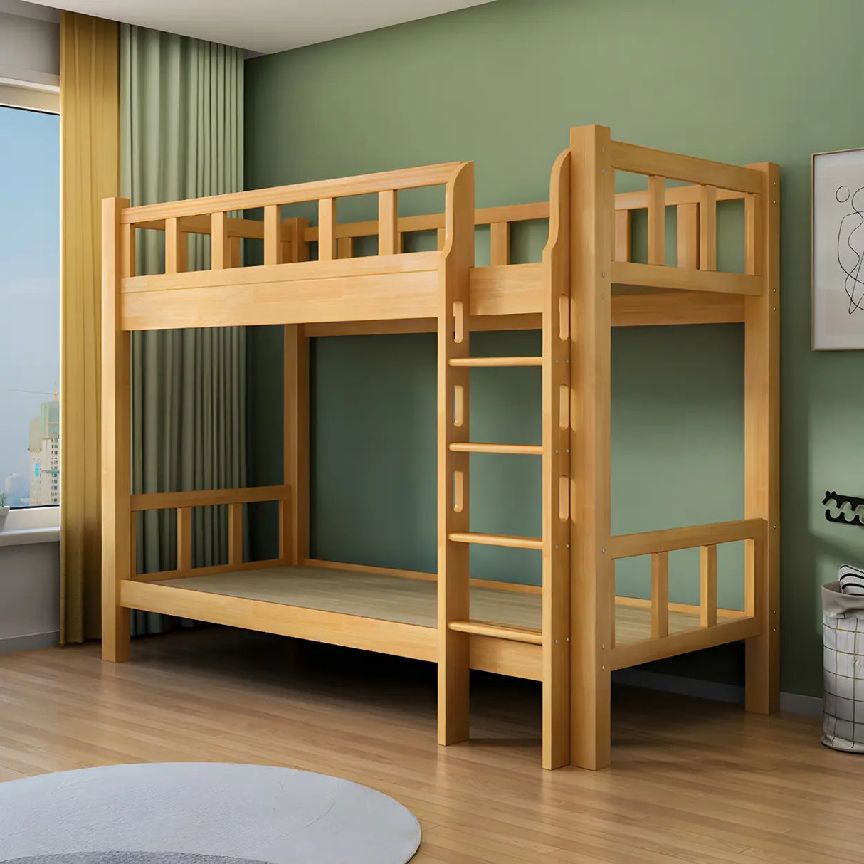 Natural Solid Wood Space-Saving Bunk Bed with Headboard Image - 3