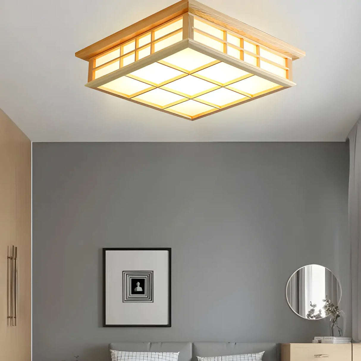 Natural Square Wooden LED Flush Mount Ceiling Light Image - 3