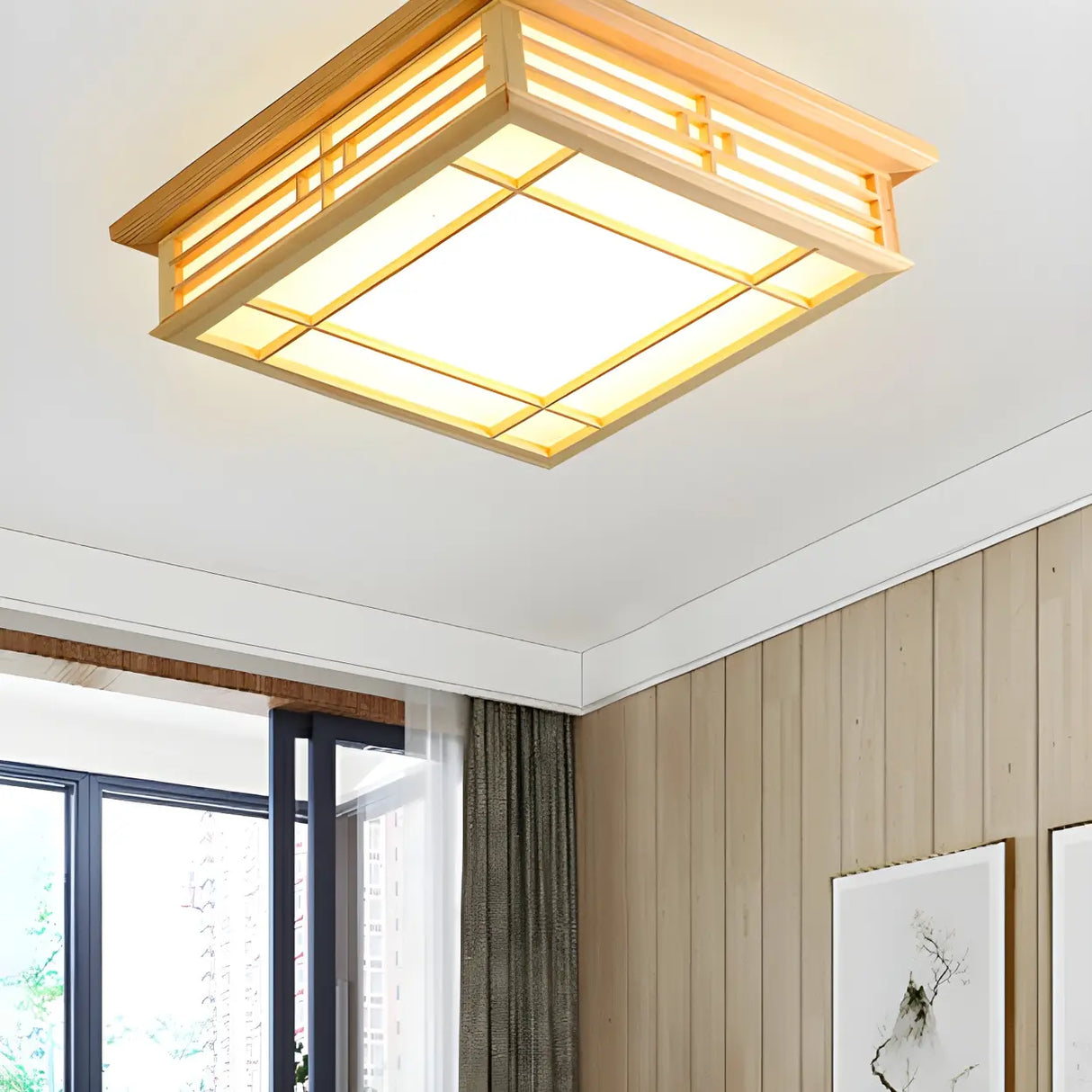 Natural Square Wooden LED Flush Mount Ceiling Light Image - 4