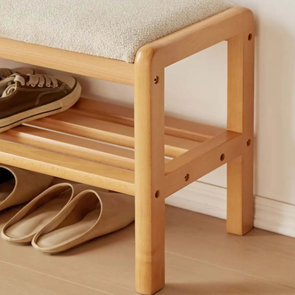 Natural Upholstered Entryway Bench with Shoe Shelf Image - 14
