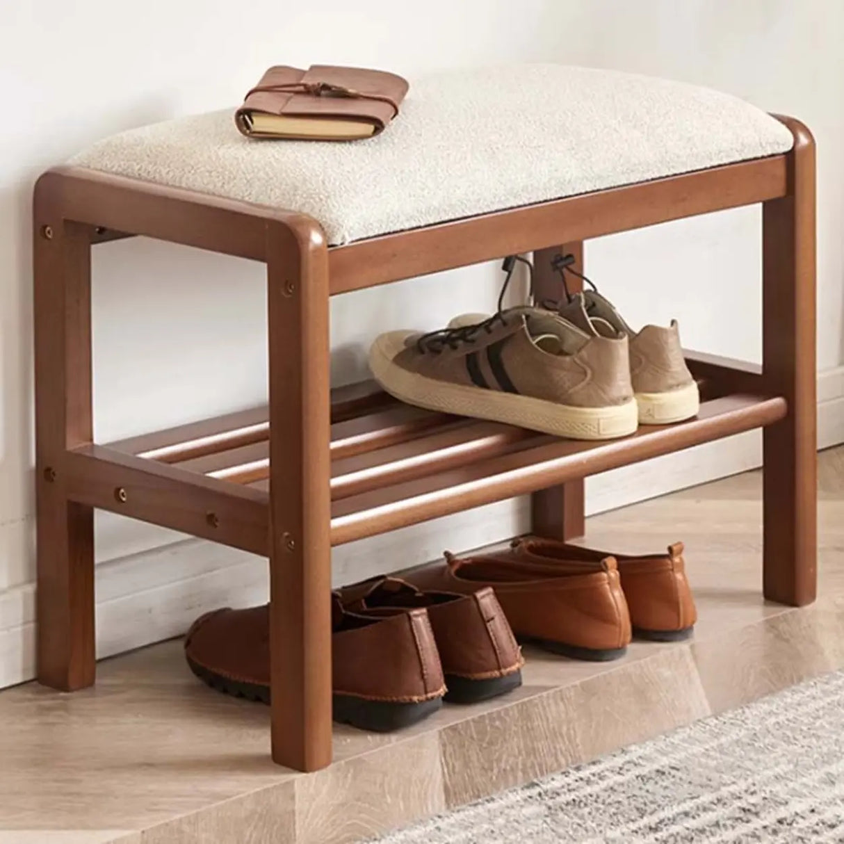 Natural Upholstered Entryway Bench with Shoe Shelf Image - 5