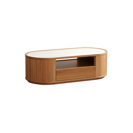 Natural-White Wooden Round Coffee Table with Storage Image - 2