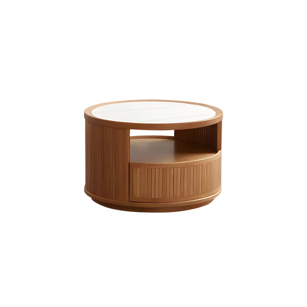 Natural-White Wooden Round Coffee Table with Storage Image - 3