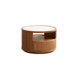 Natural-White Wooden Round Coffee Table with Storage Image - 3