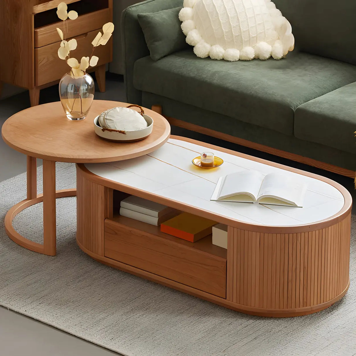 Natural-White Wooden Round Coffee Table with Storage Image - 6