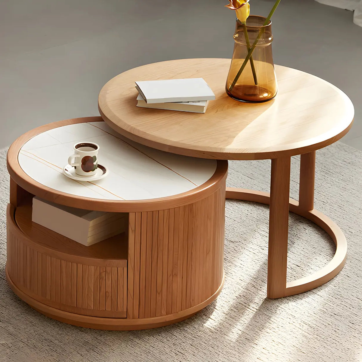 Natural-White Wooden Round Coffee Table with Storage Image - 7