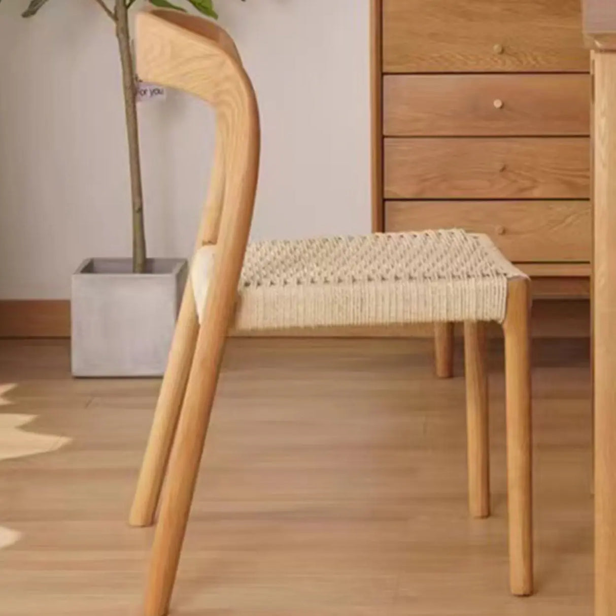 Natural Wood Braided Rope Seat Armless Dining Chair Image - 10