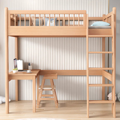 Natural Wood Desk Bunk Bed with Stairs and Guardrail Image - 1