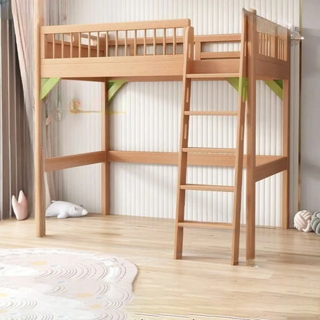 Natural Wood Desk Bunk Bed with Stairs and Guardrail Image - 2