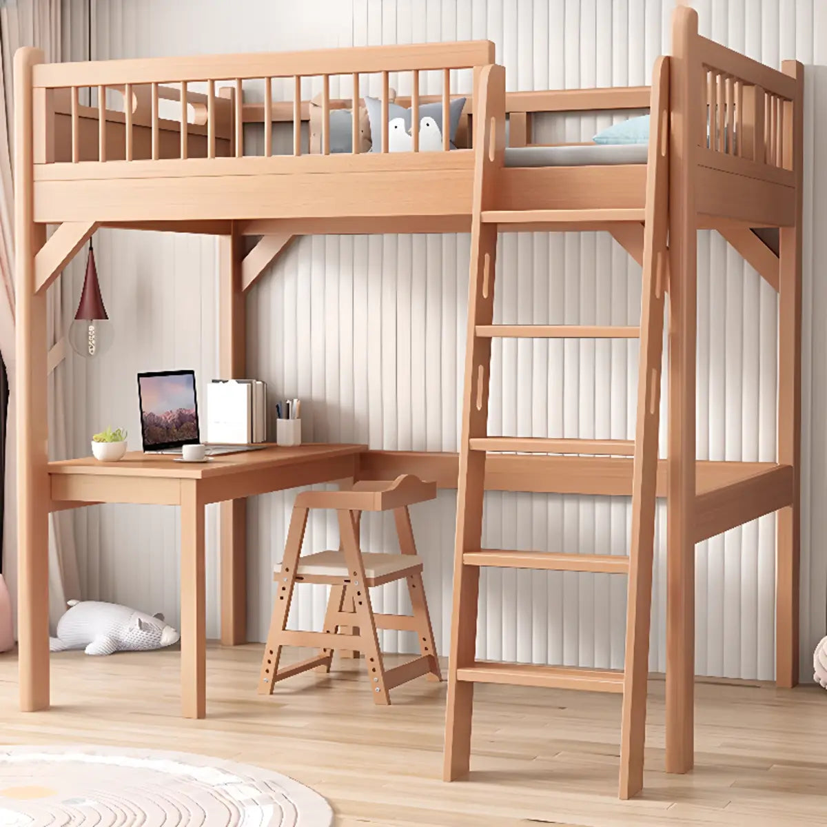 Natural Wood Desk Bunk Bed with Stairs and Guardrail Image - 3