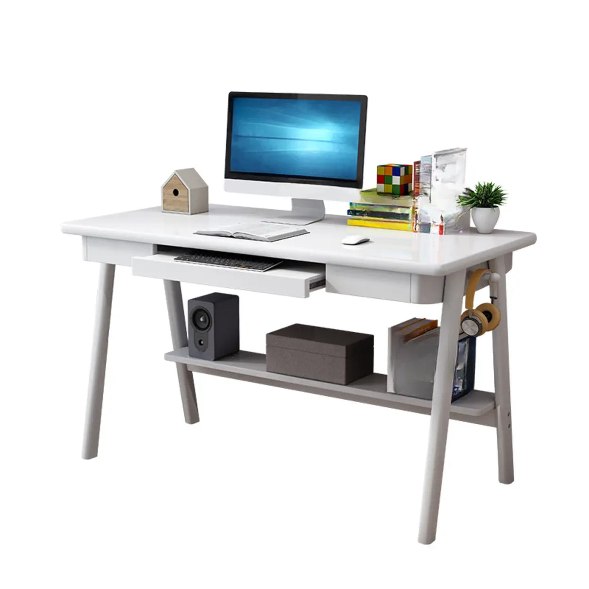 Natural Wood Desk  Drawers Shelving and Keyboard Holder Image - 5