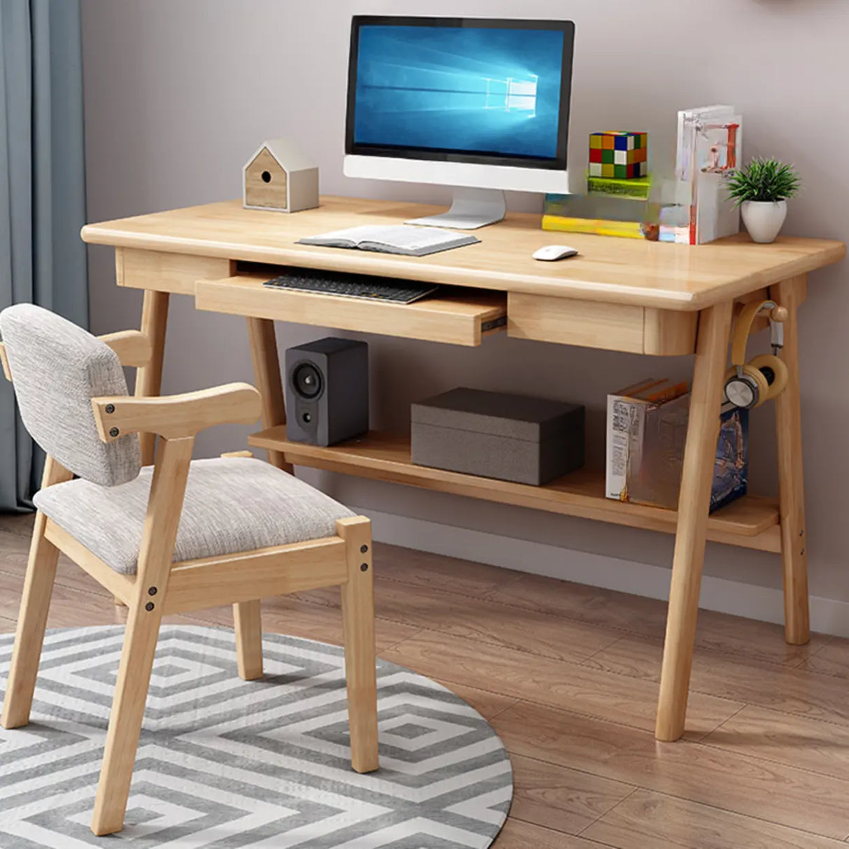 Natural Wood Desk  Drawers Shelving and Keyboard Holder Image - 6