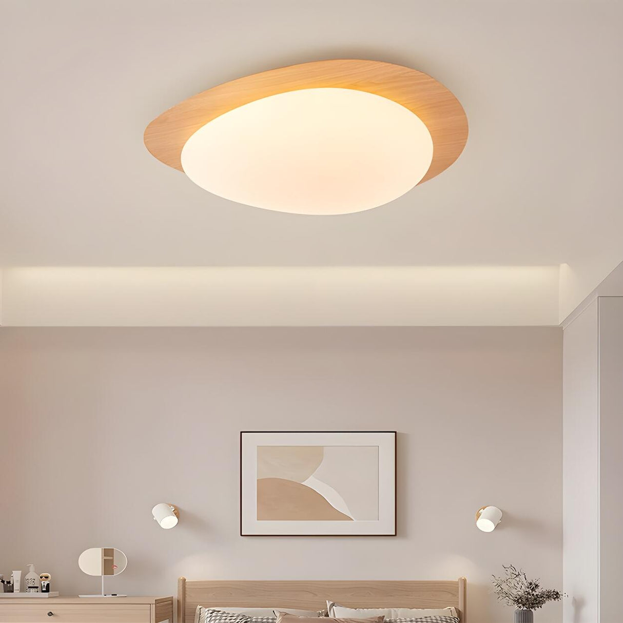 Natural Wood Egg-Shaped LED Flush Mount Ceiling Light Image - 3