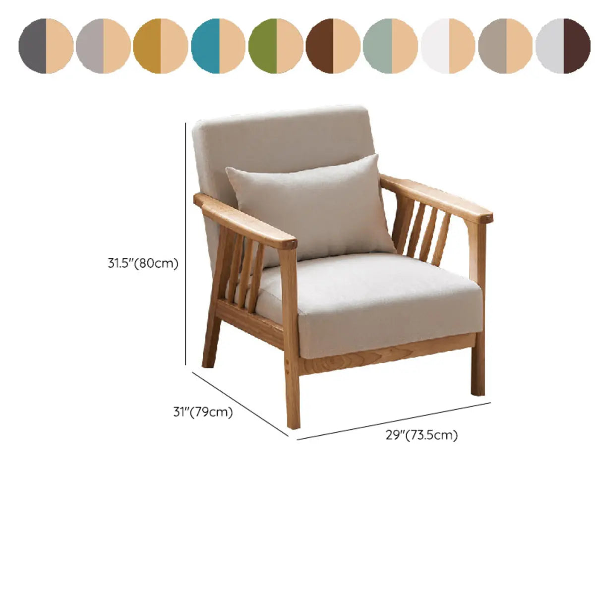 Natural Wood Frame Cotton Linen Fixed Back Arm Chair 