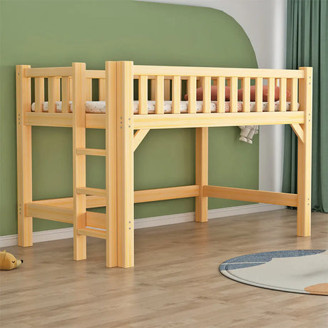 Natural Wood Guardrail Kid's Bunk Bed Set with Stairs Image - 1