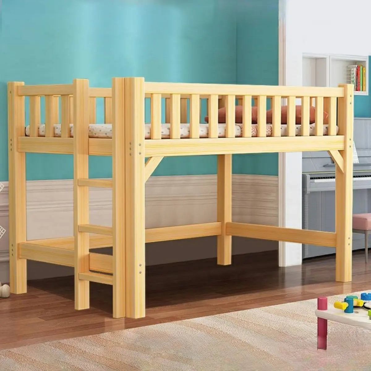 Natural Wood Guardrail Kid's Bunk Bed Set with Stairs Image - 3
