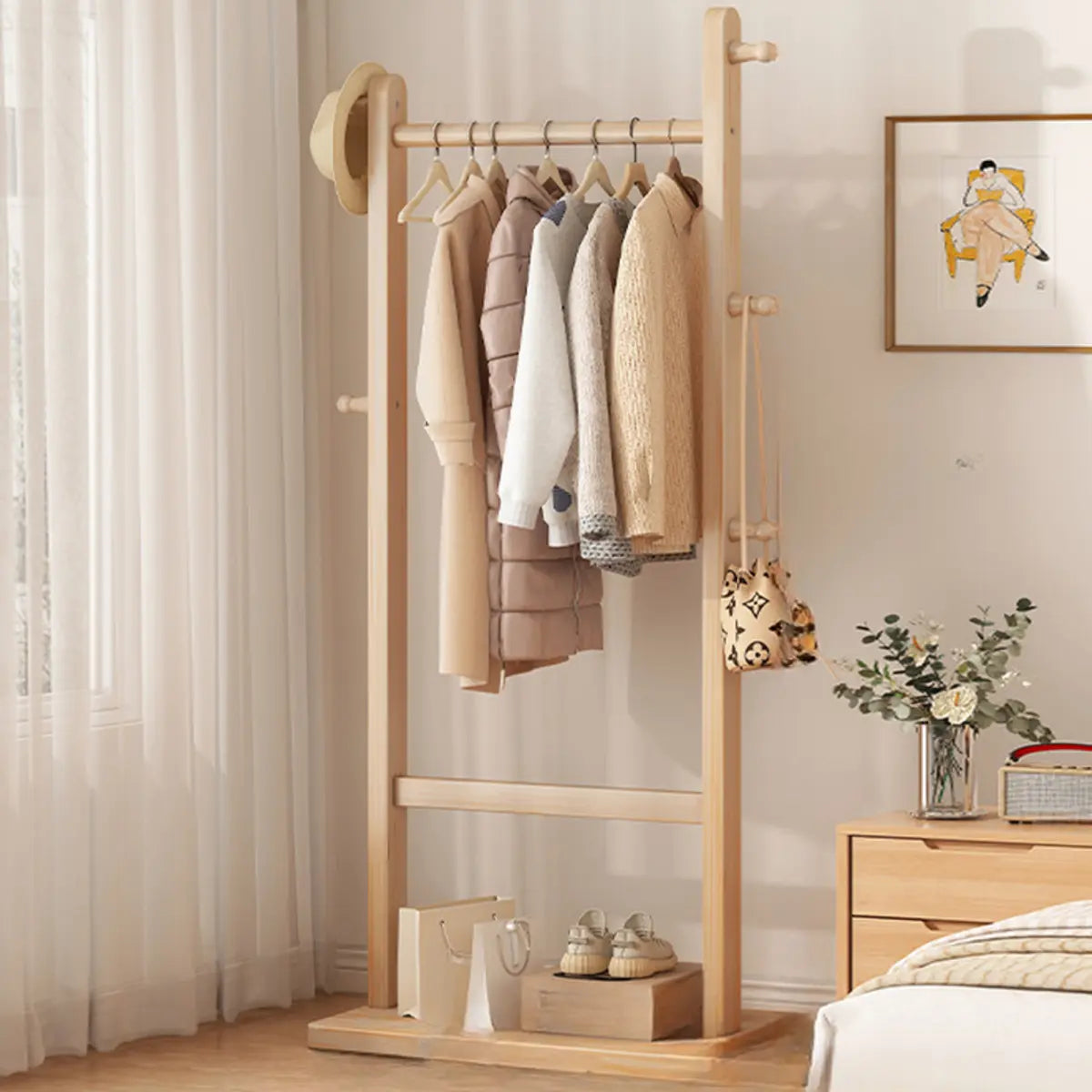 Natural Wood Hooks Hall Coat Rack with Storage Shelf Image - 12