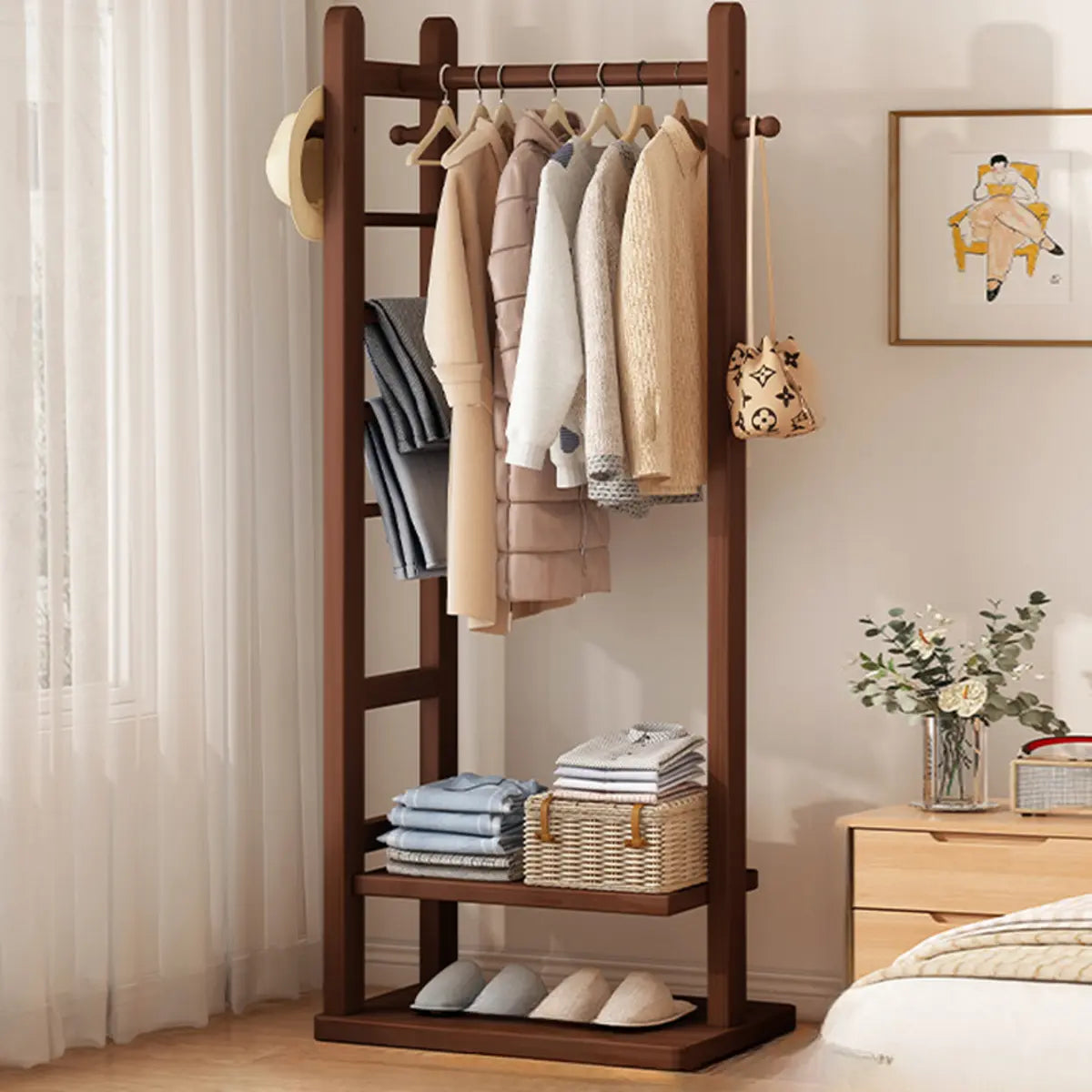 Natural Wood Hooks Hall Coat Rack with Storage Shelf Image - 13
