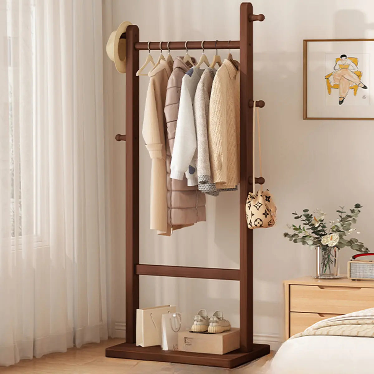 Natural Wood Hooks Hall Coat Rack with Storage Shelf Image - 14