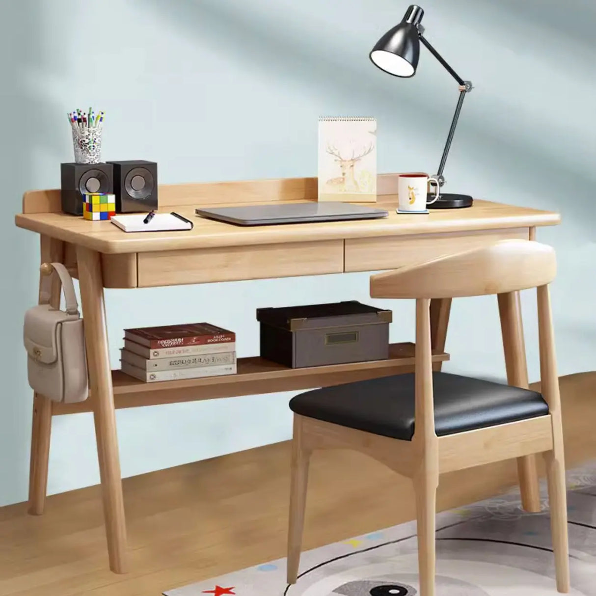 Natural Wood Kids Writing Desk Drawers and Shelves Image - 4