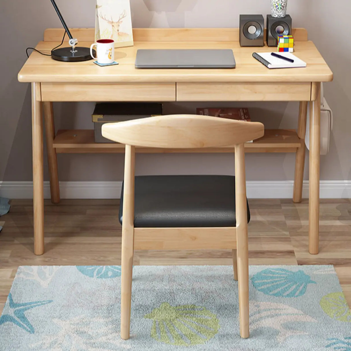 Natural Wood Kids Writing Desk Drawers and Shelves Image - 6