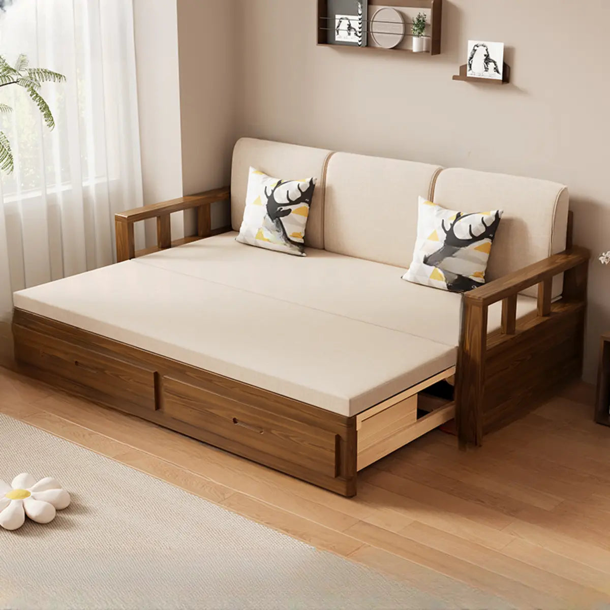 Natural Wood King Detachable Mattress Storage Futon Sofa Image - 3