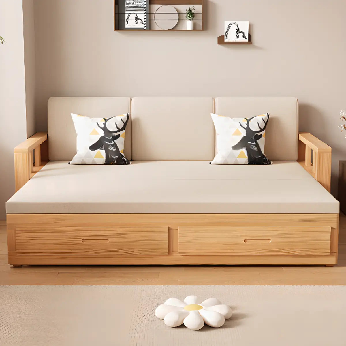 Natural Wood King Detachable Mattress Storage Futon Sofa Image - 4