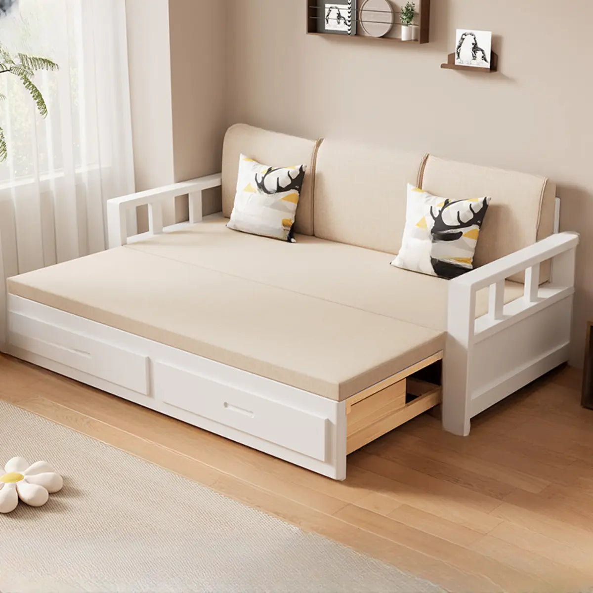 Natural Wood King Detachable Mattress Storage Futon Sofa Image - 5