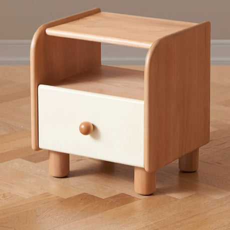 Natural Wood Open Storage Kids Nightstand with Drawer Image - 1