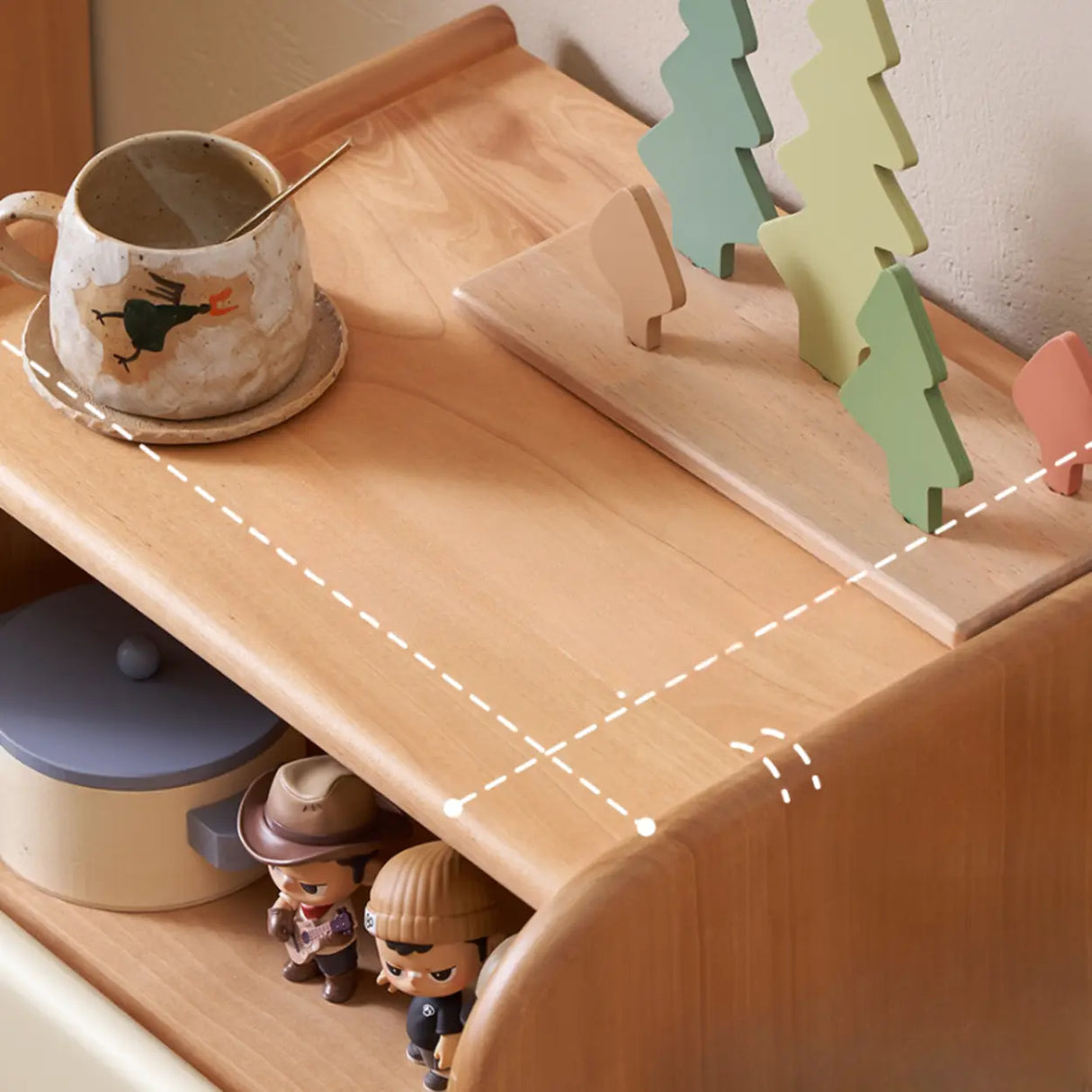 Natural Wood Open Storage Kids Nightstand with Drawer Image - 3