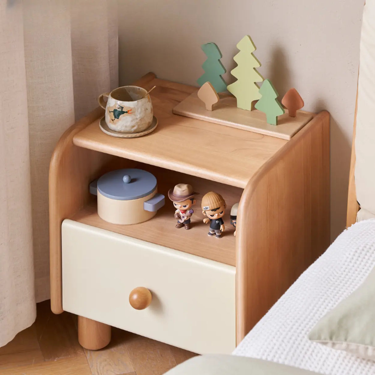 Natural Wood Open Storage Kids Nightstand with Drawer Image - 4