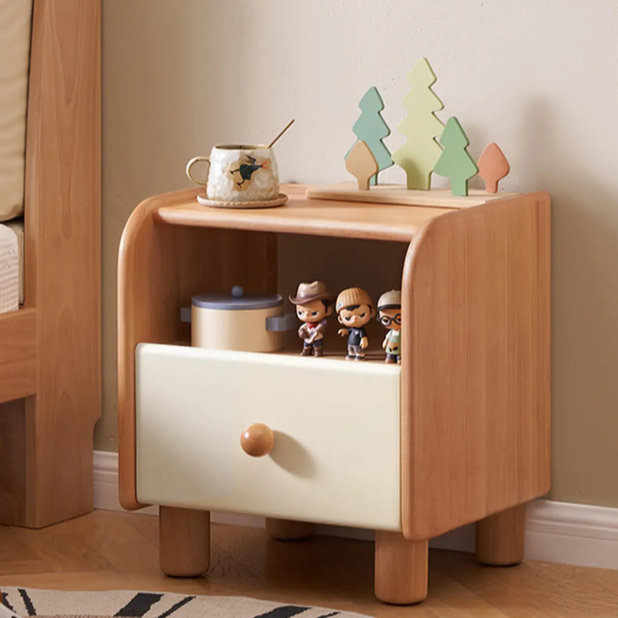 Natural Wood Open Storage Kids Nightstand with Drawer Image - 5