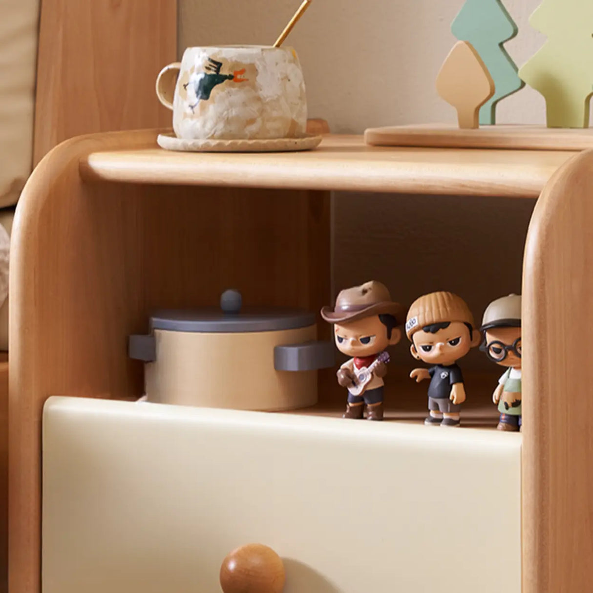 Natural Wood Open Storage Kids Nightstand with Drawer Image - 6