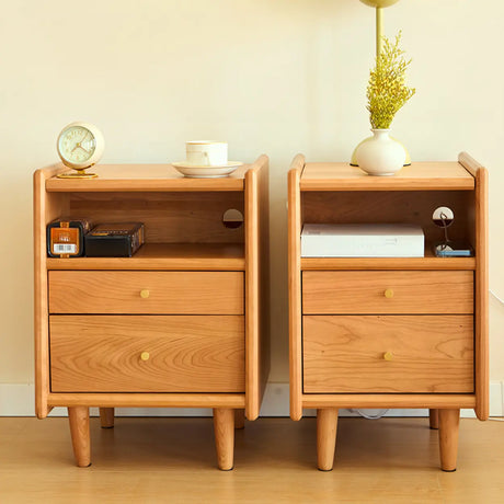 Natural Wood Open Storage Nightstand with 2 Drawers Image - 1