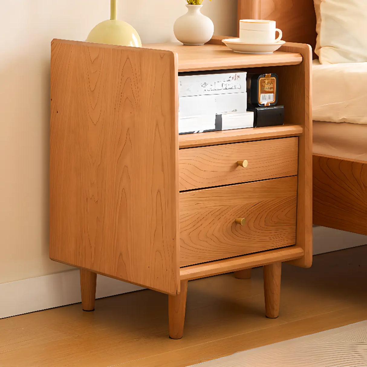 Natural Wood Open Storage Nightstand with 2 Drawers Image - 2