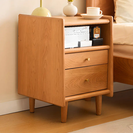 Natural Wood Open Storage Nightstand with 2 Drawers Image - 2