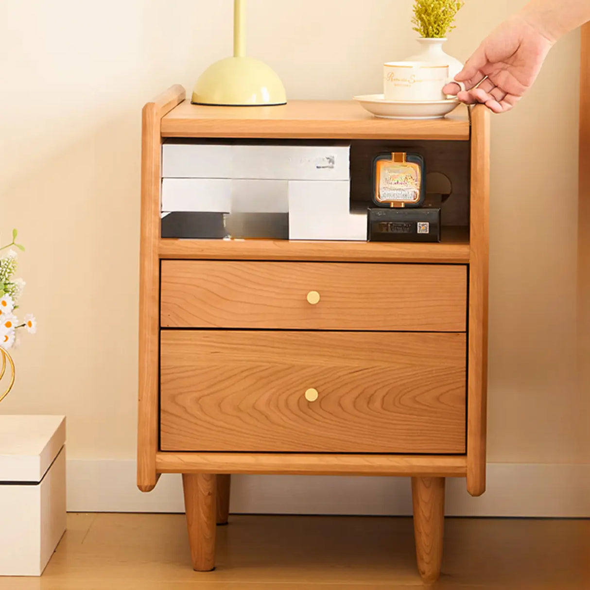 Natural Wood Open Storage Nightstand with 2 Drawers Image - 4