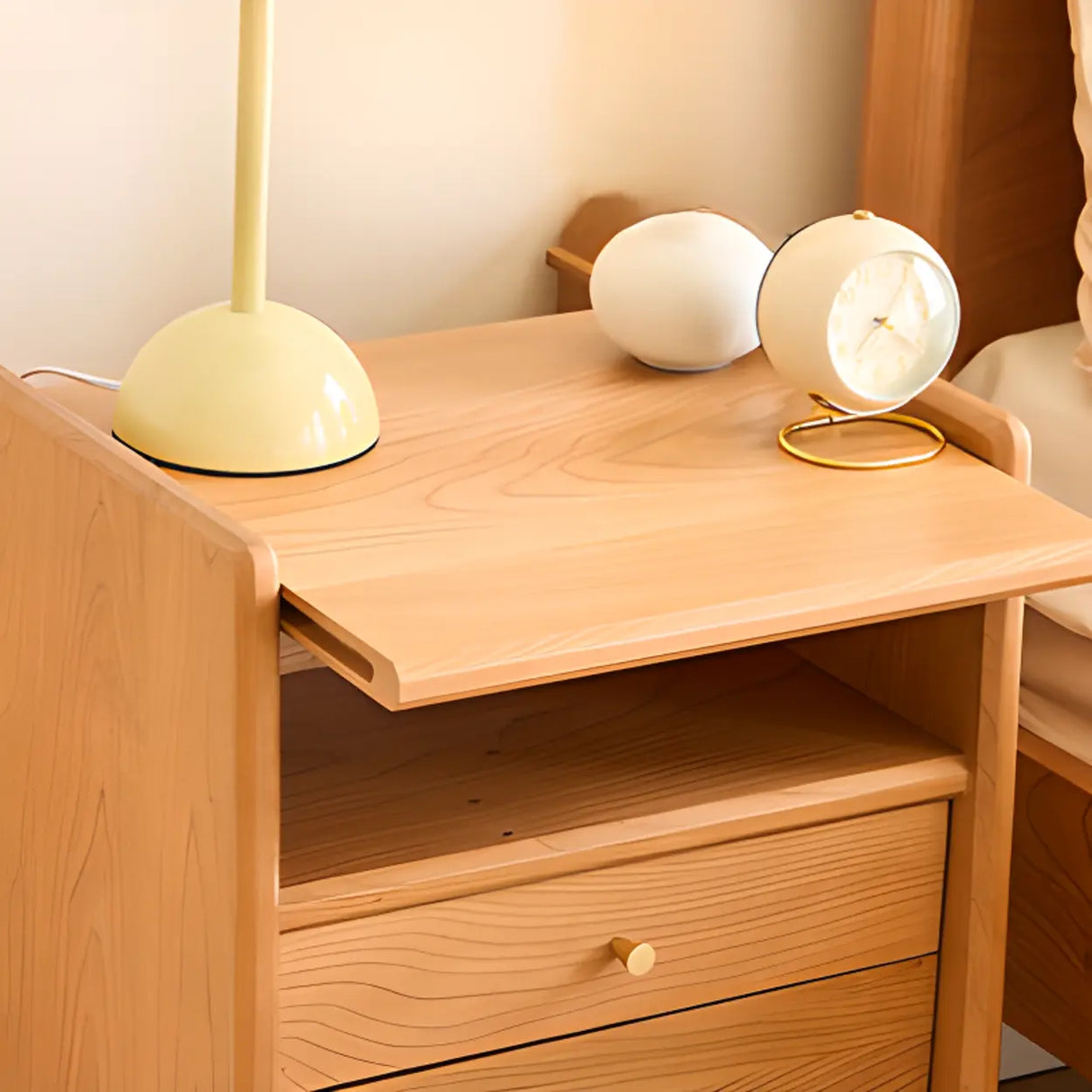 Natural Wood Open Storage Nightstand with 2 Drawers Image - 6