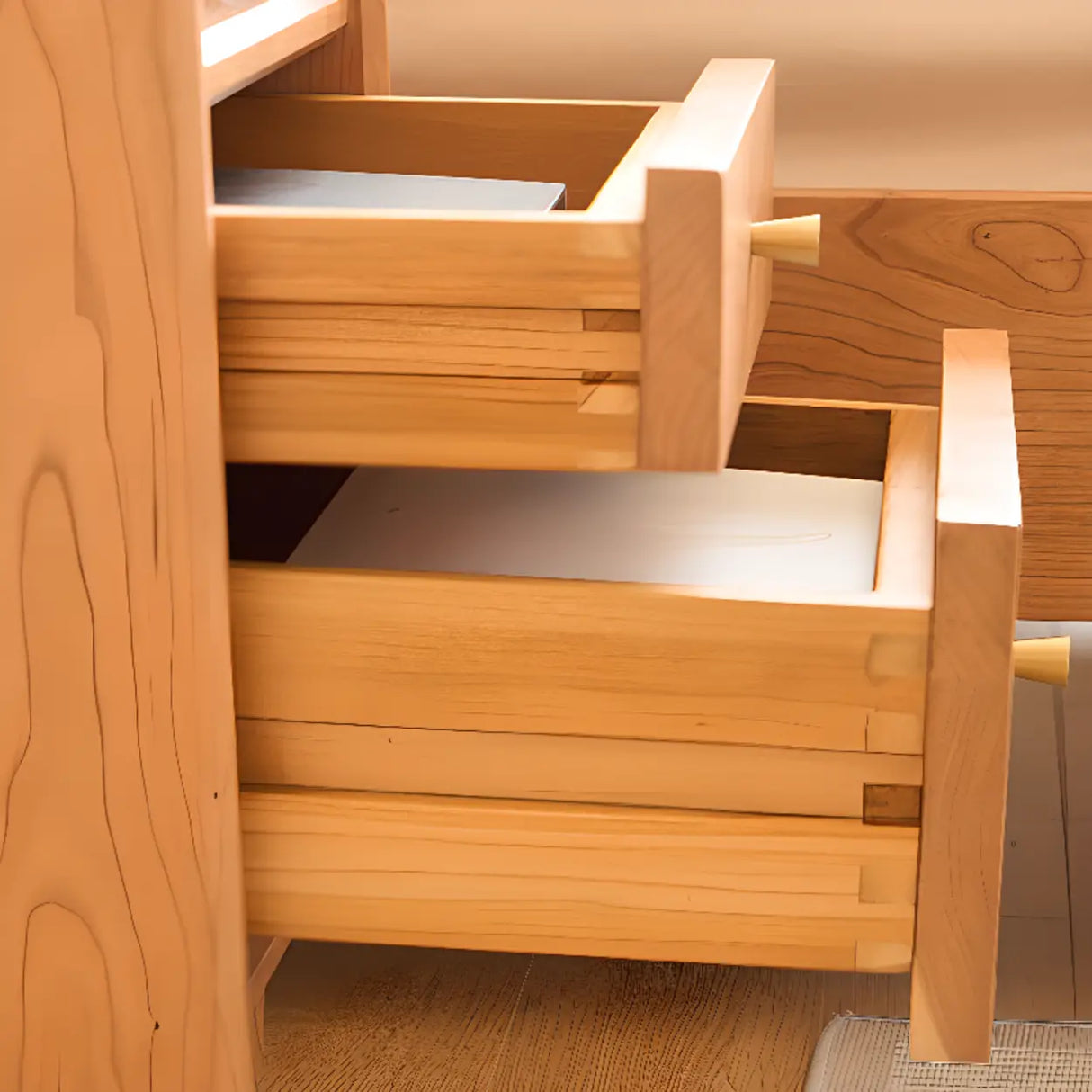 Natural Wood Open Storage Nightstand with 2 Drawers Image - 9