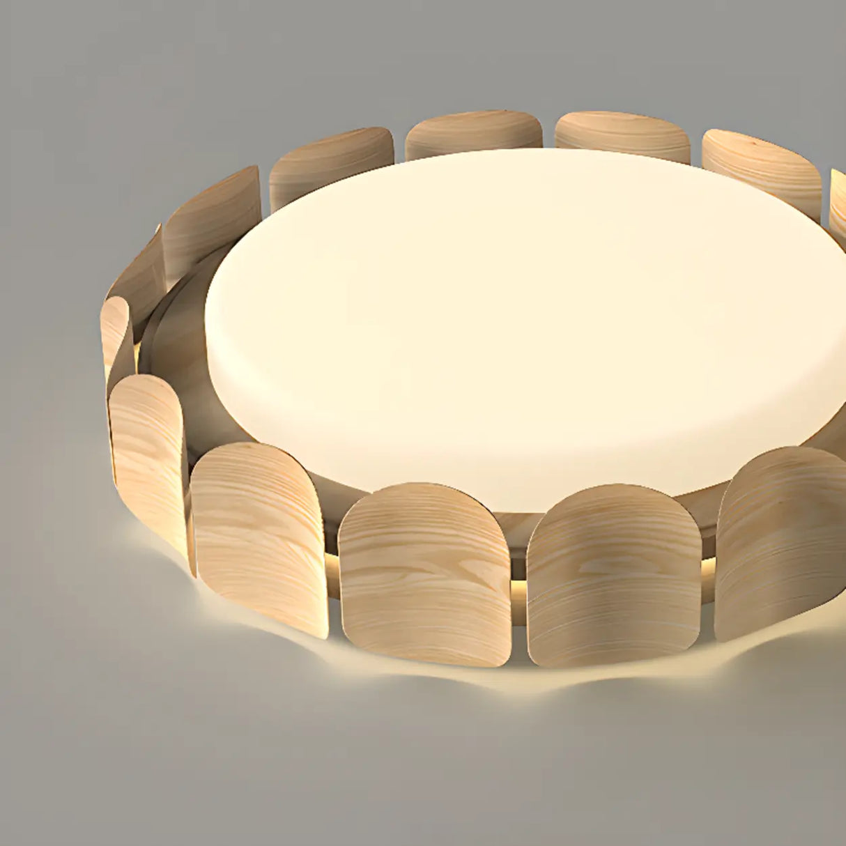 Natural Wood Petal Round LED Flush Mount Ceiling Light Image - 10