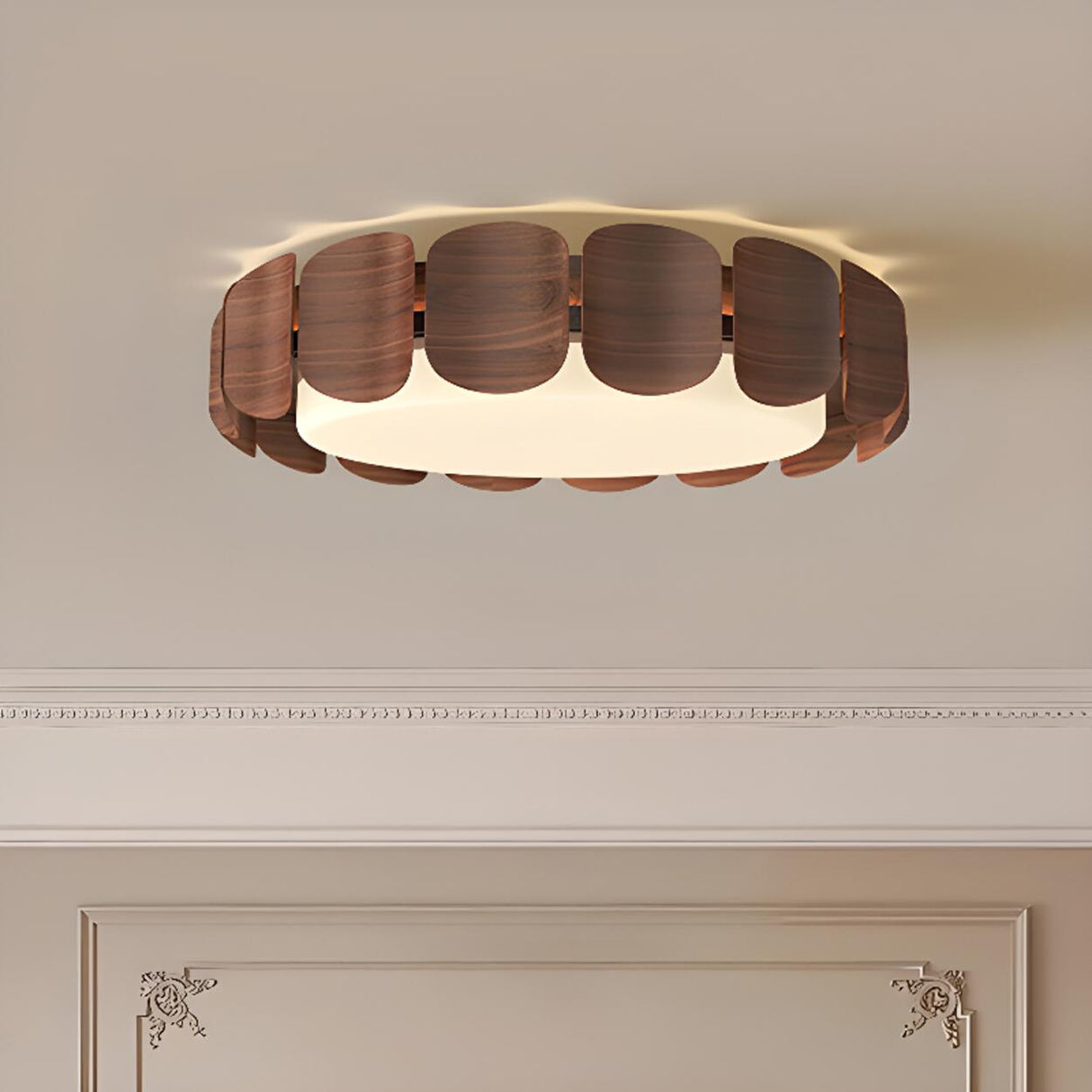 Natural Wood Petal Round LED Flush Mount Ceiling Light Image - 12