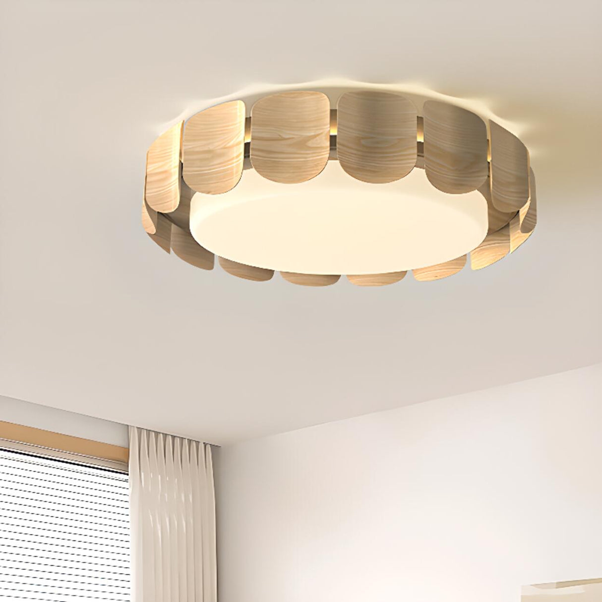 Natural Wood Petal Round LED Flush Mount Ceiling Light Image - 13