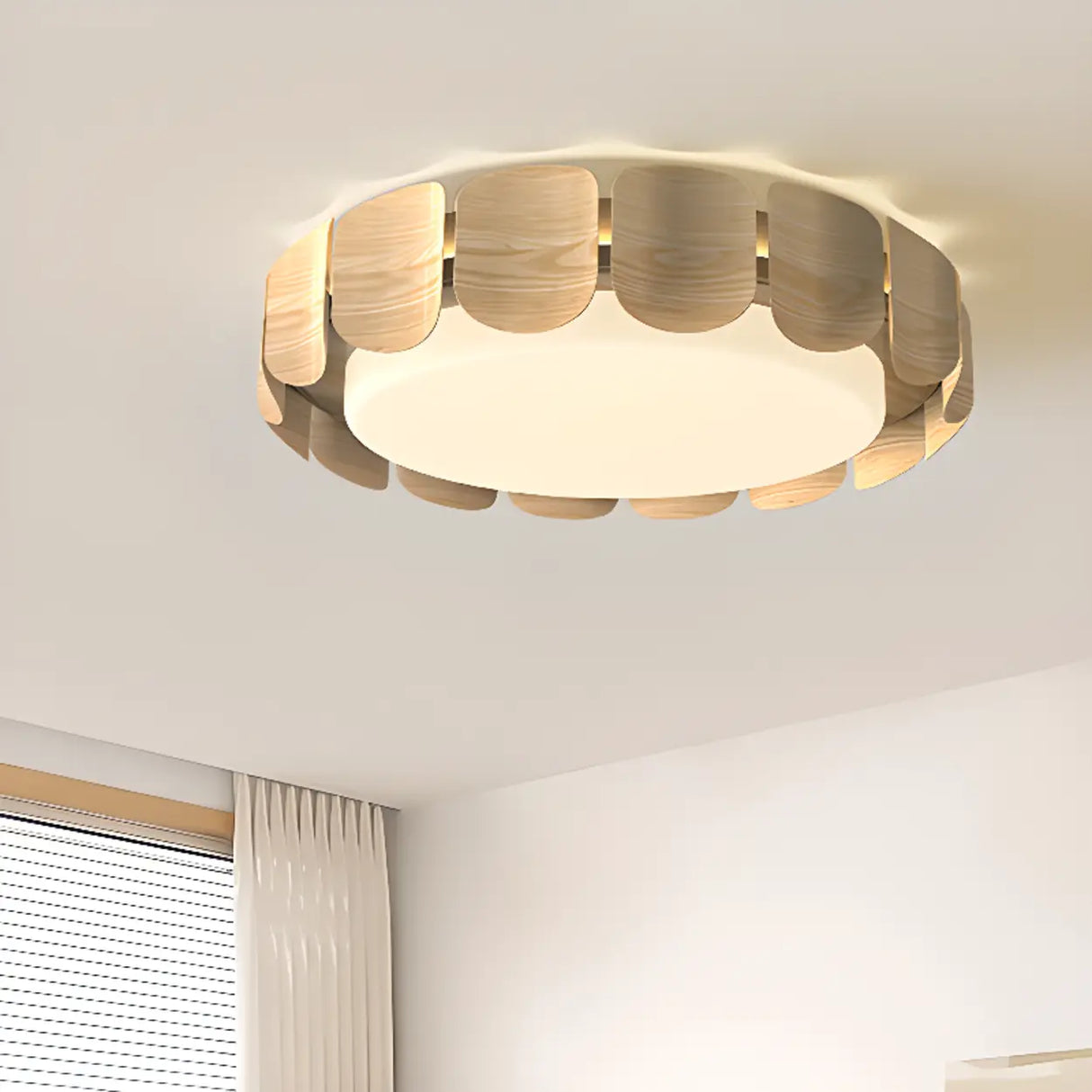 Natural Wood Petal Round LED Flush Mount Ceiling Light Image - 13