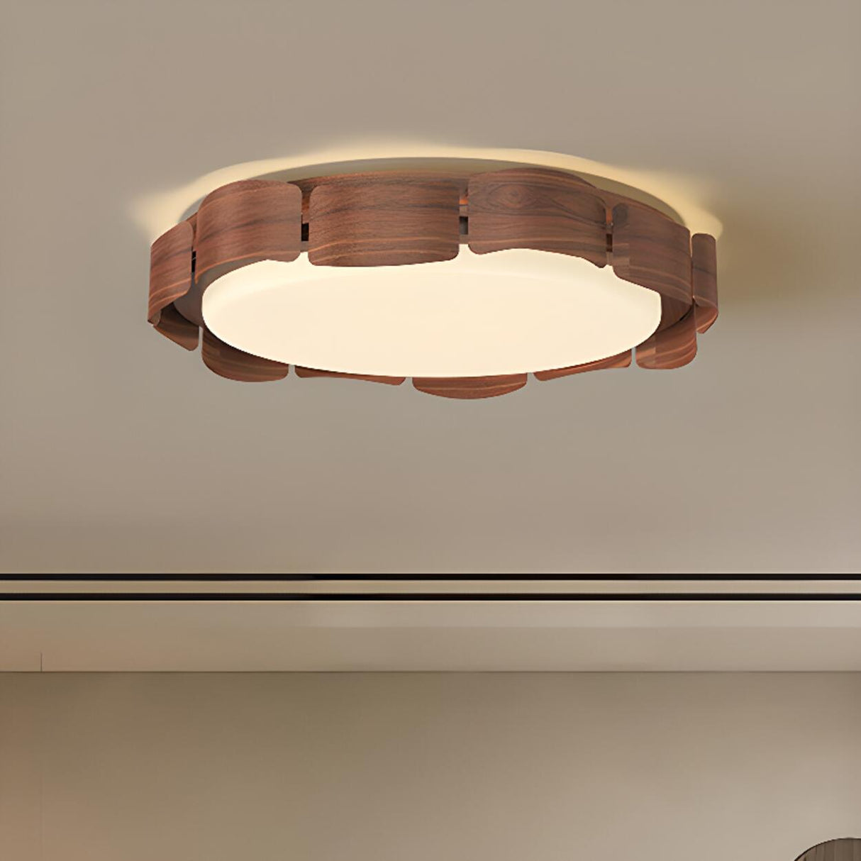 Natural Wood Petal Round LED Flush Mount Ceiling Light Image - 3