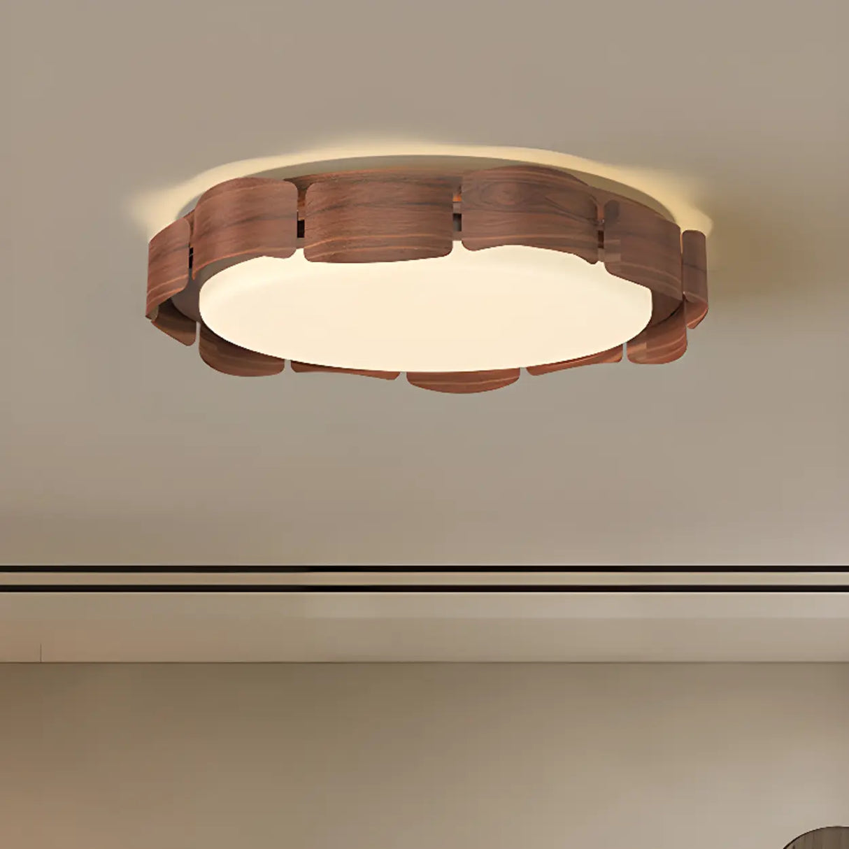 Natural Wood Petal Round LED Flush Mount Ceiling Light Image - 3