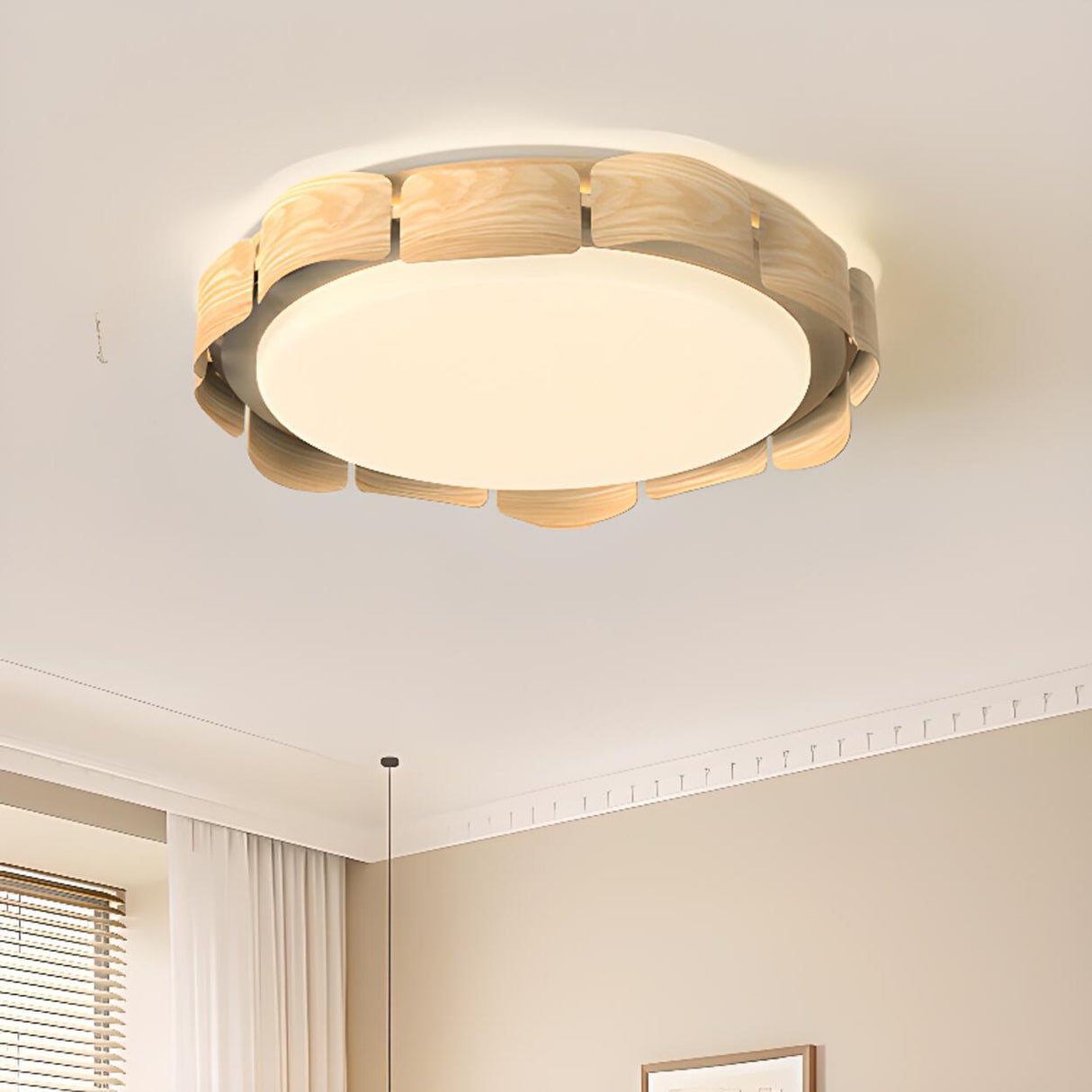 Natural Wood Petal Round LED Flush Mount Ceiling Light Image - 4